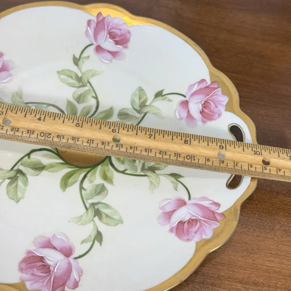 Antique M&Z Austria Hand Painted Pink Rose Cake Plate Gold Gilt Tray Handled